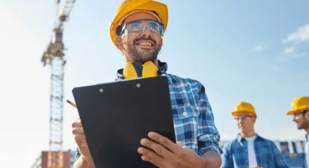 Construction estimator wearing a yellow hard hat and safety glasses
