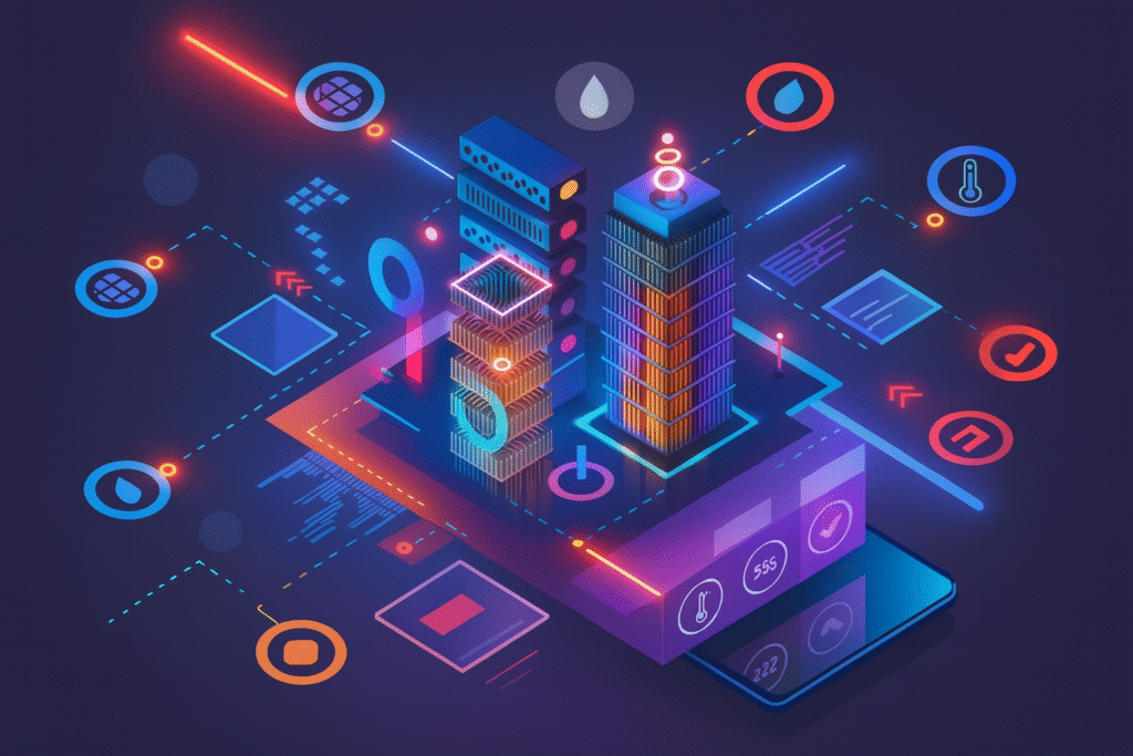 Futuristic digital illustration showing interconnected smart buildings glowing in neon blue and purple, symbolizing digital transformation and technology in the construction industry.