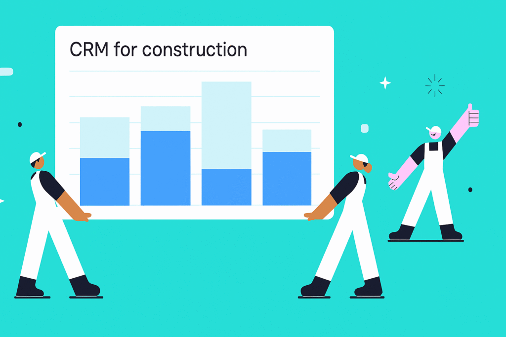 Illustration of construction workers collaborating around a digital “CRM for Construction” sign on a turquoise background.