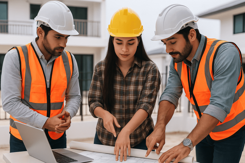 Three construction professionals wearing helmets and safety vests reviewing blueprints and a laptop on a modern job site, symbolizing teamwork and technology in the construction industry.