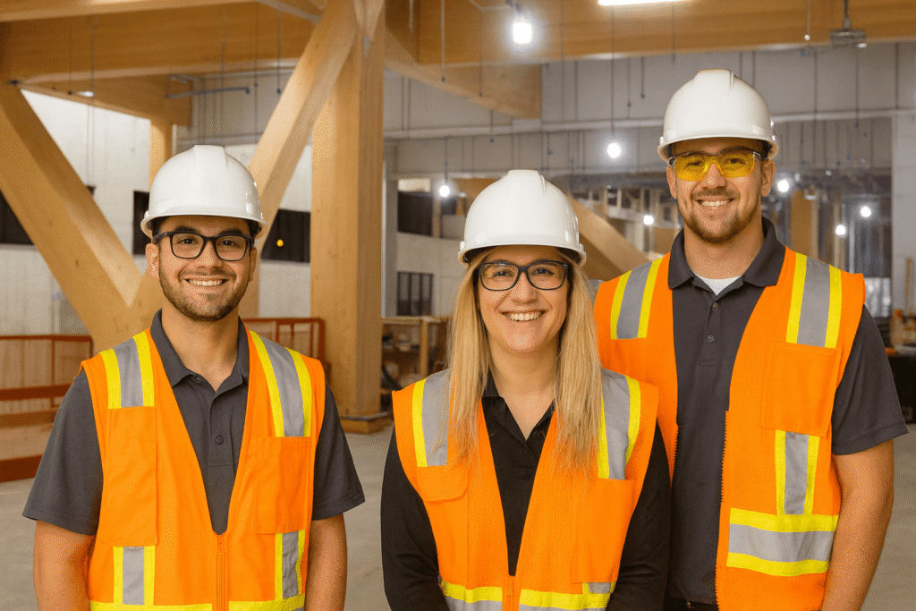 three construction project managers wearing safety vests and hard hats inside a building under construction.