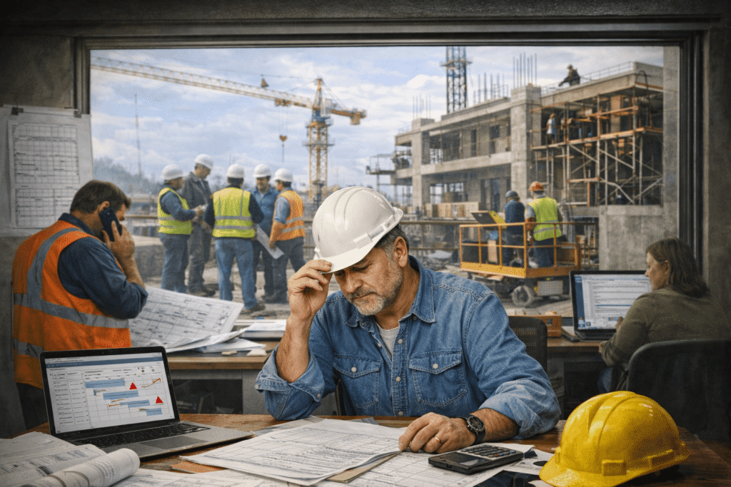 Construction manager reviewing project plans in an office overlooking an active construction site