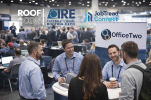 OfficeTwo team networking with roofing and construction professionals at an industry conference