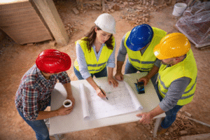 Construction project coordinator reviewing plans with site team to keep projects on track