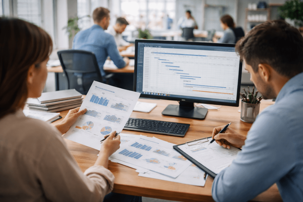 Team reviewing reports and dashboards as part of back office operations