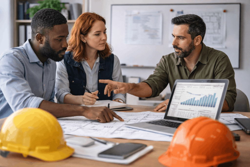 Construction operations team reviewing project plans and performance data in an office setting
