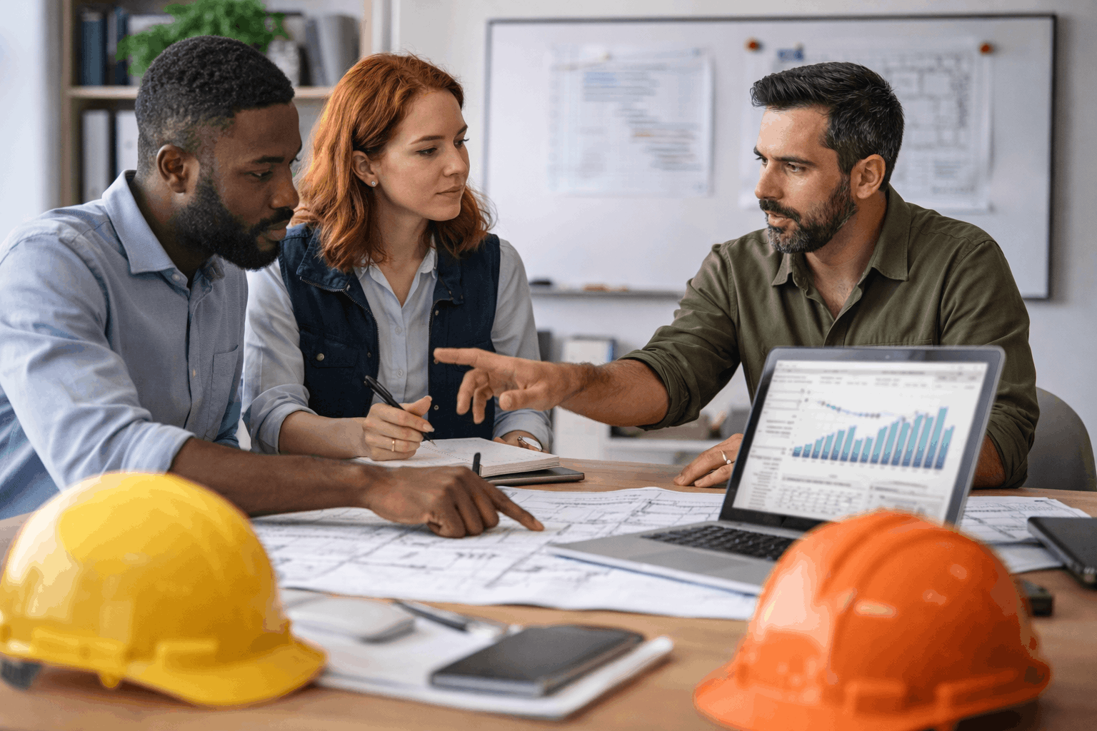 Construction operations team reviewing project plans and performance data in an office setting