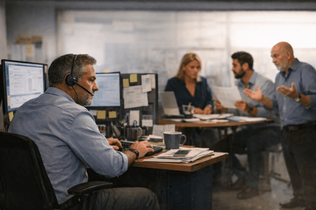 Employee working at a cluttered desk while colleagues discuss an issue in the background of an office.