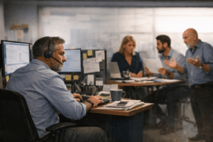 Employee working at a cluttered desk while colleagues discuss an issue in the background of an office.