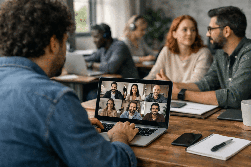 Remote team working in a video meeting during a collaborative work session
