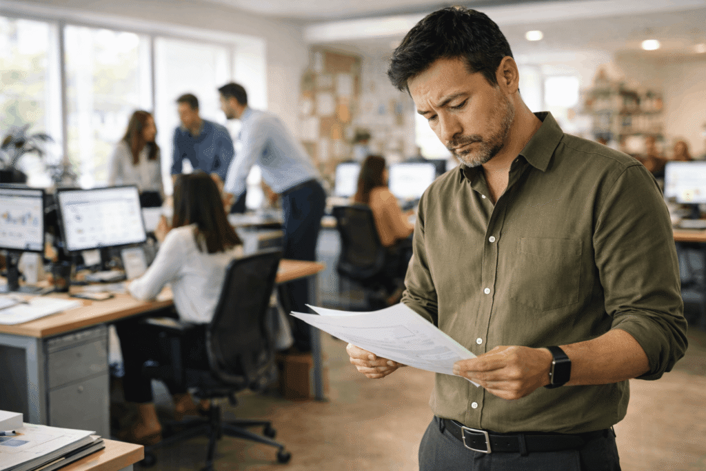 Office manager reviewing documents in a bright open-plan office while team members work in the background.