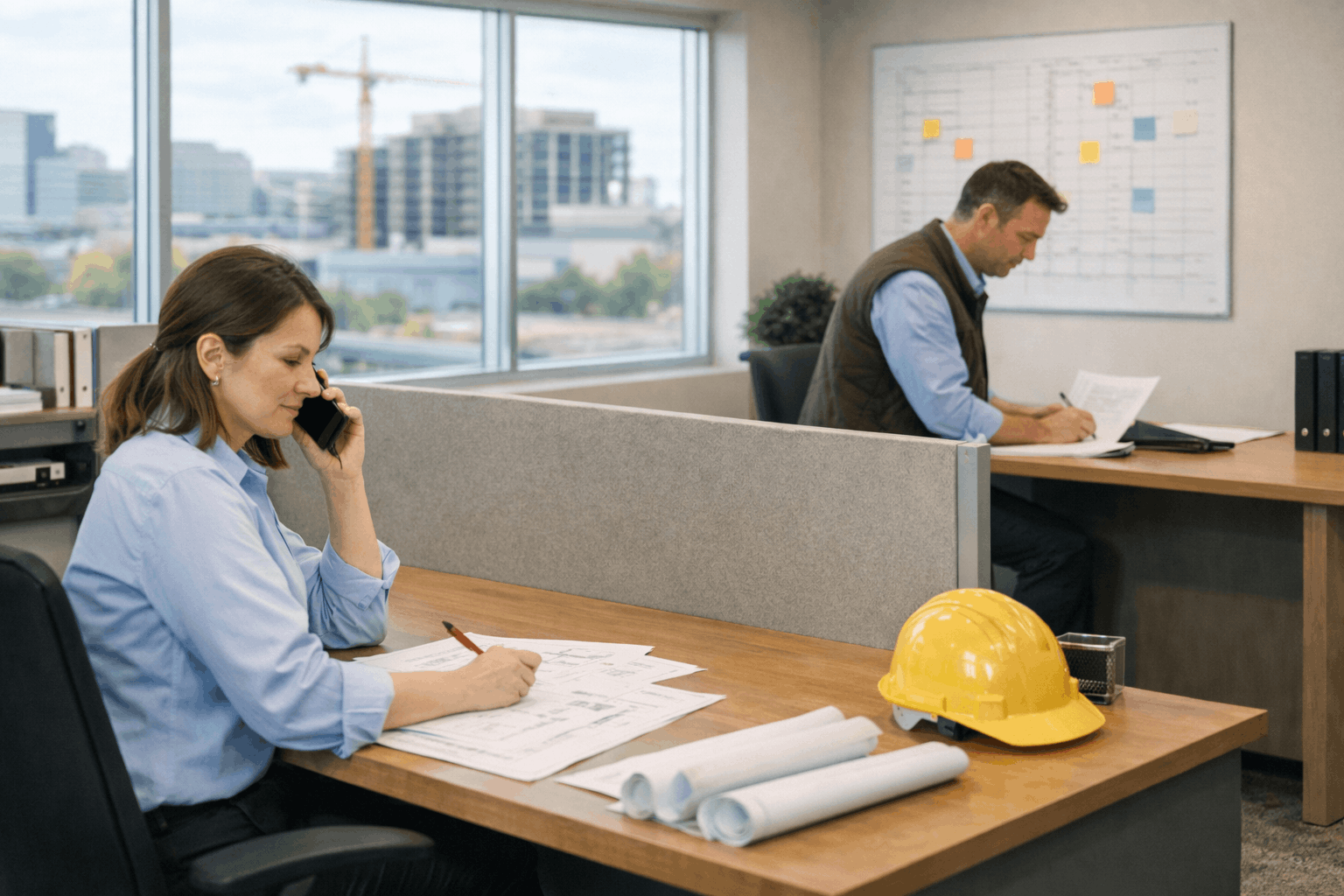 Construction office team coordinating work beyond the job site