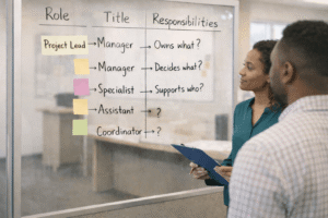 Team discussing role clarity and responsibility ownership