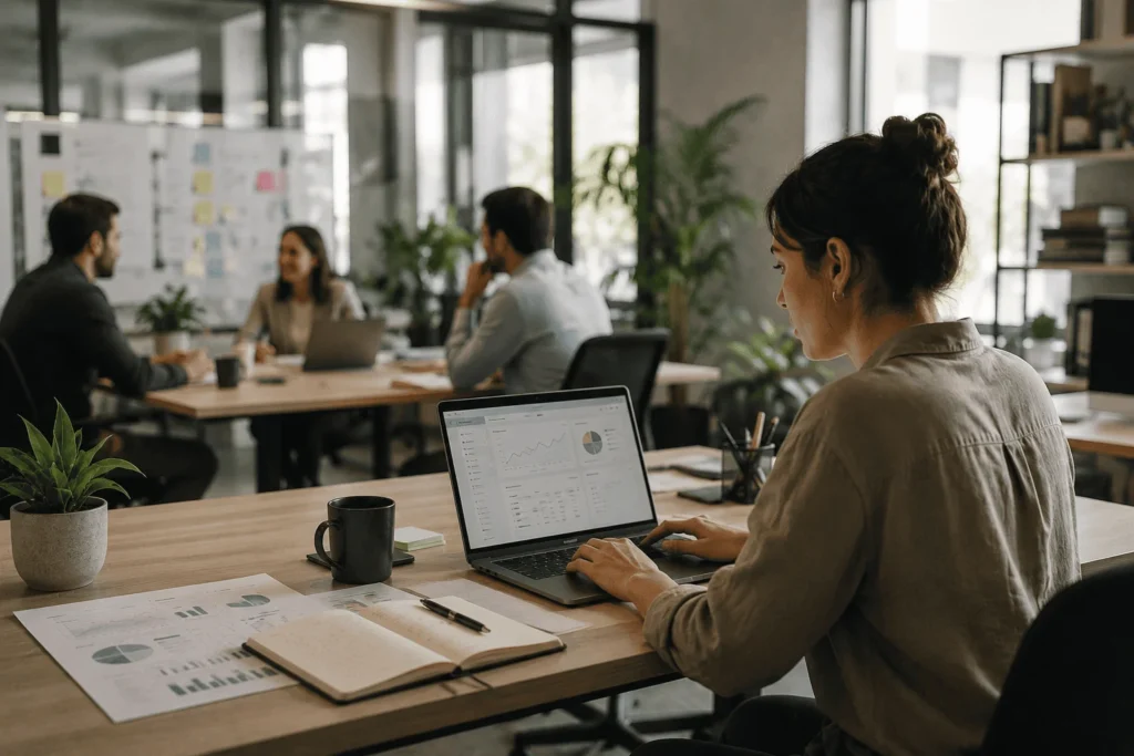 Modern operations team using technology and collaboration tools in a contemporary office environment