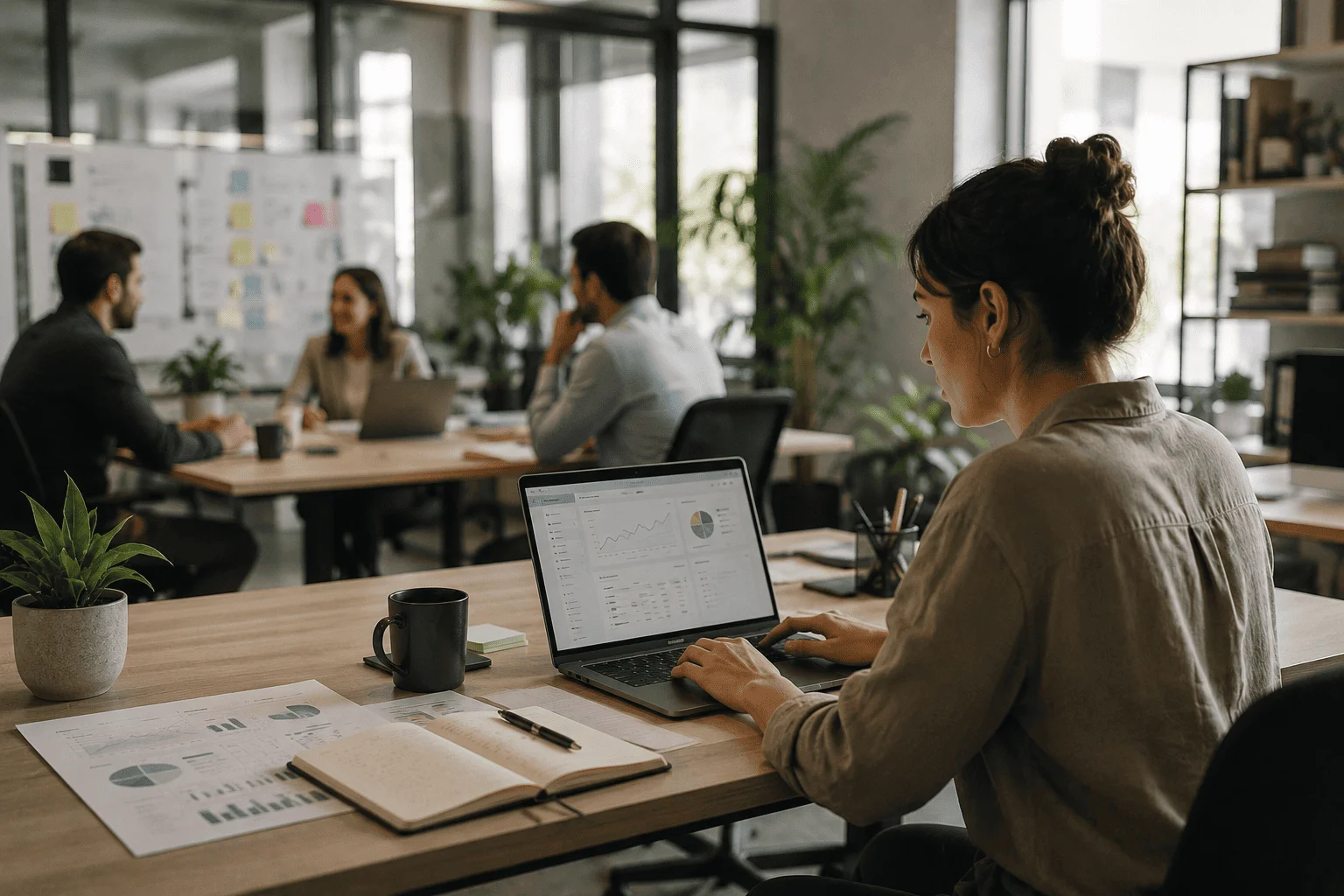Modern operations team using technology and collaboration tools in a contemporary office environment