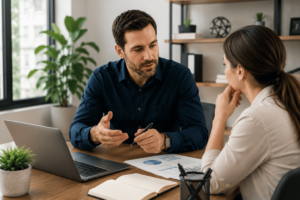 Business leader delegating responsibilities to a team member during a planning meeting