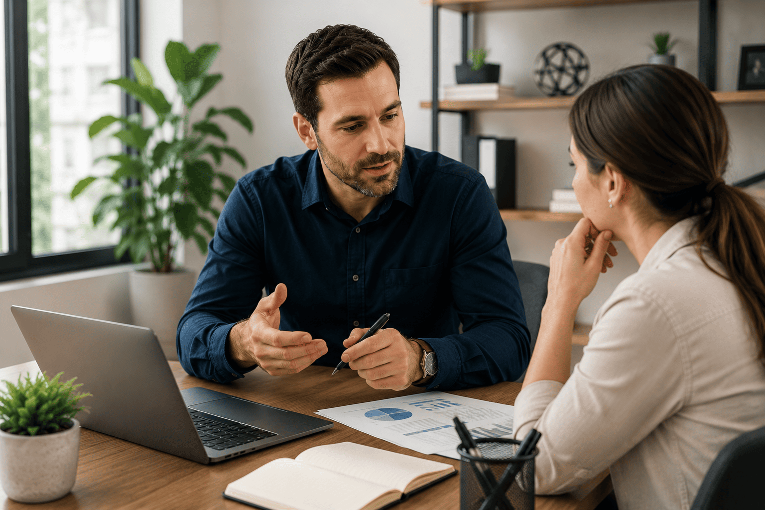 Business leader delegating responsibilities to a team member during a planning meeting