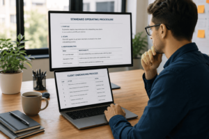 Professional reviewing documented business processes and operational workflows on a computer in a modern office