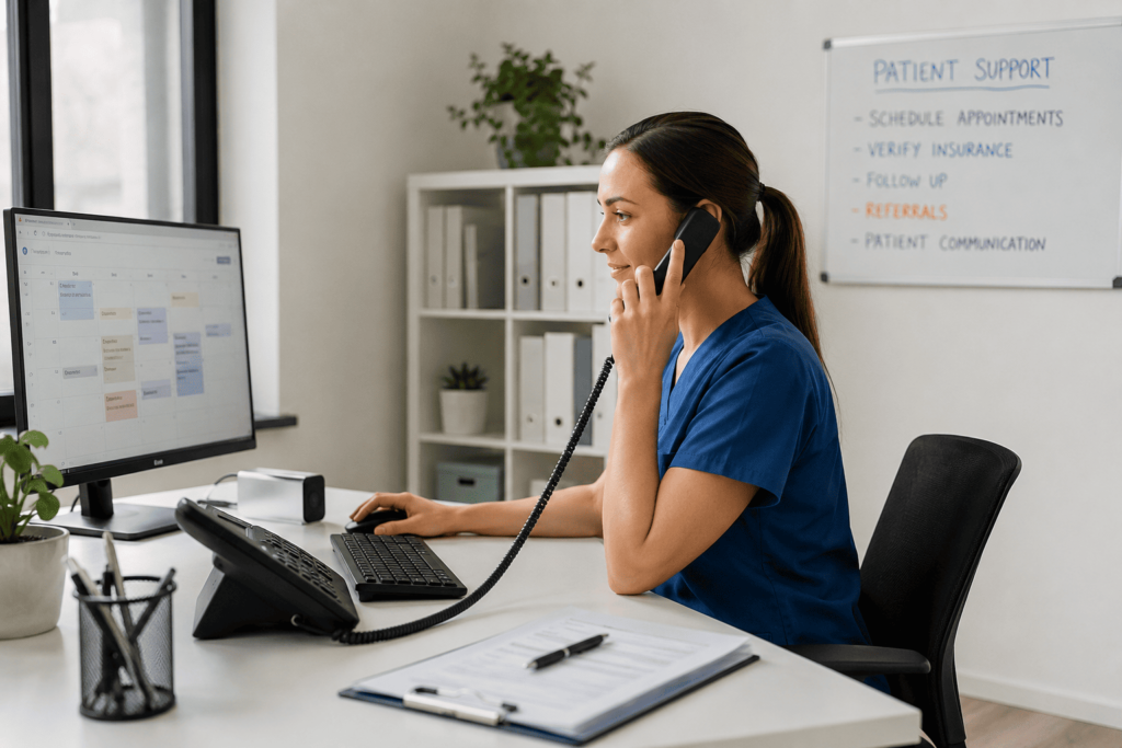 Healthcare administrator managing patient scheduling and communication workflows in a medical office