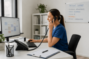 Healthcare administrator managing patient scheduling and communication workflows in a medical office