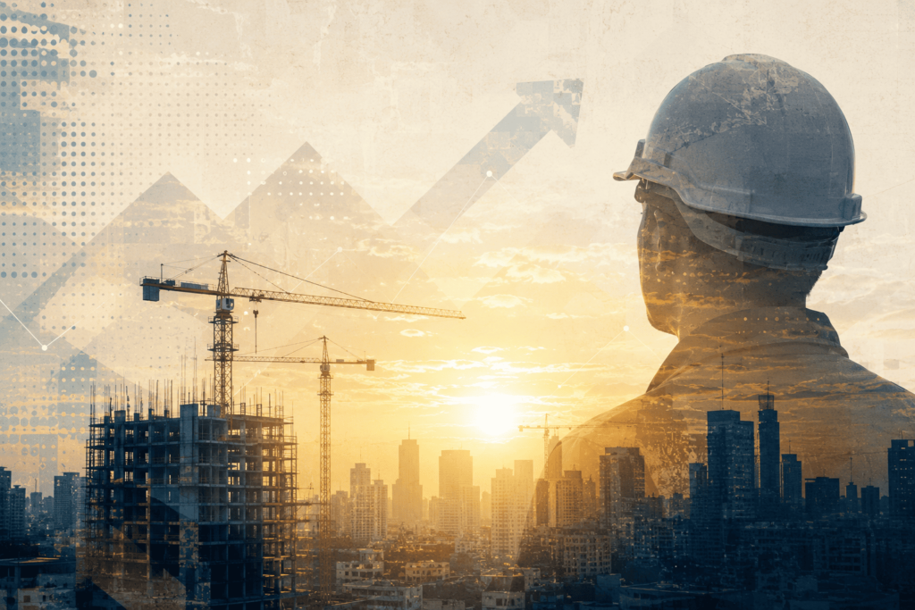 Conceptual illustration representing the 2026 construction industry outlook with a contractor overlooking an active construction site.