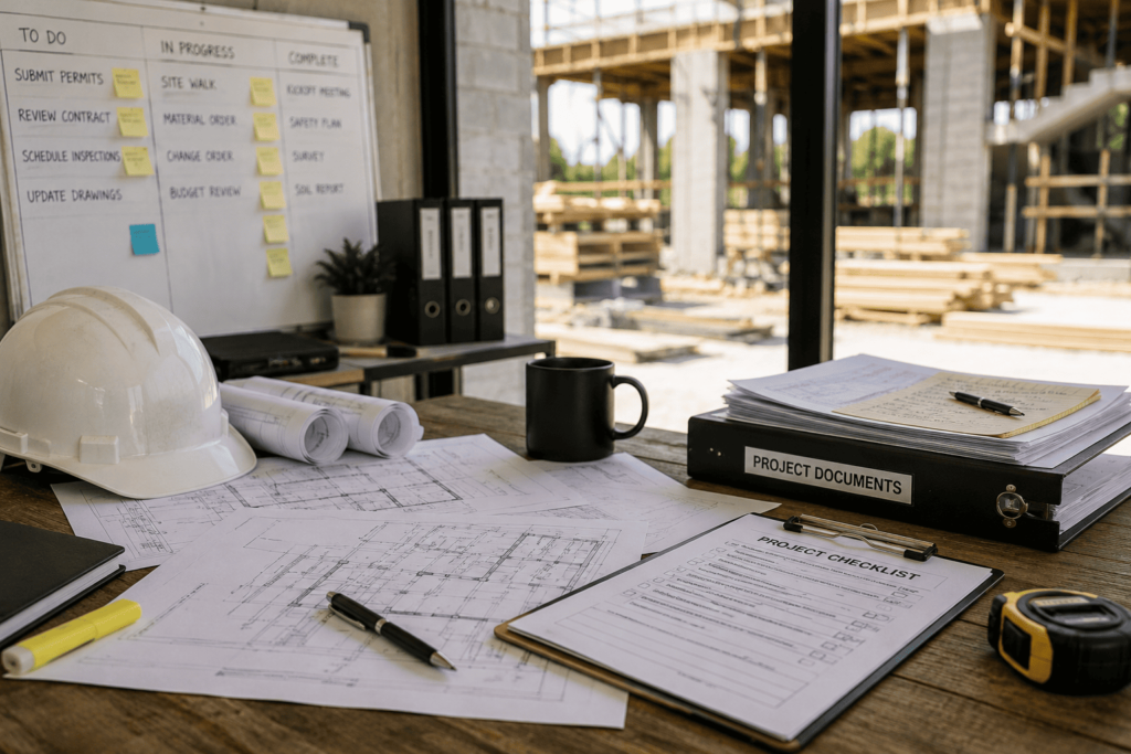 Construction administration workspace with project documents, blueprints, and planning board