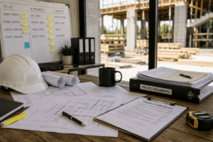 Construction administration workspace with project documents, blueprints, and planning board