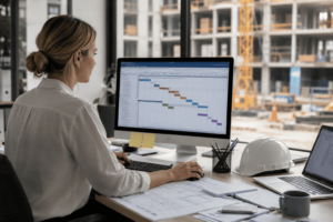 Construction workflow management planning in a construction office with project schedules and documentation