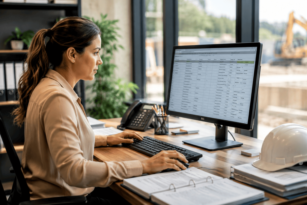 Construction Office Manager organizing project documentation and coordinating administrative tasks in a construction office