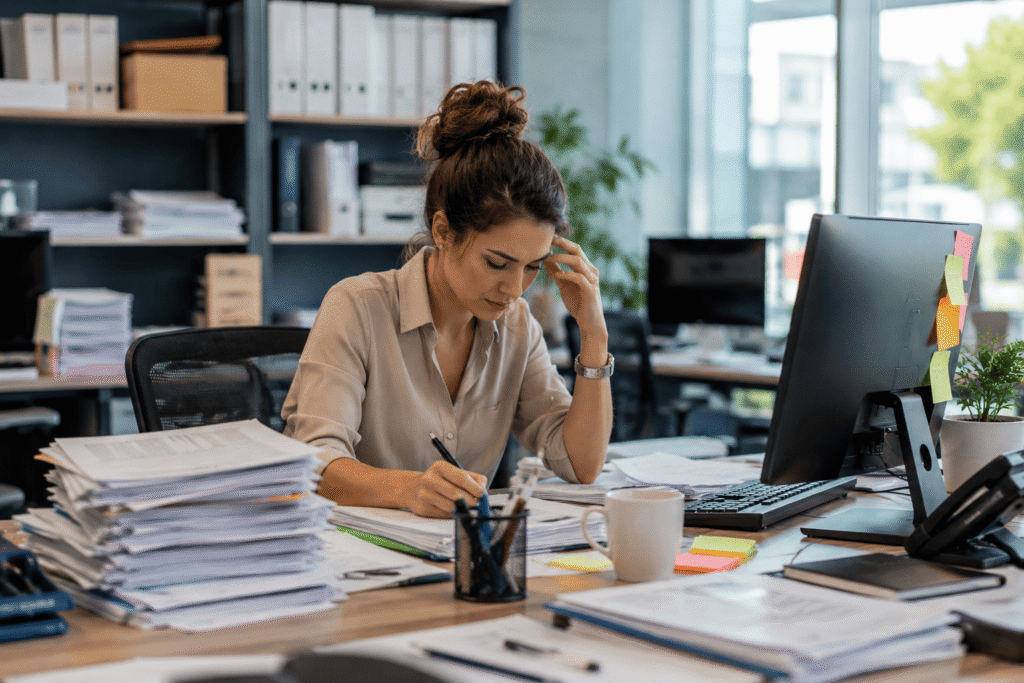 Employee managing a growing administrative workload in a busy office