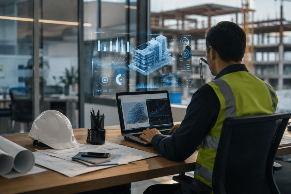 Construction professional using AI technology to analyze project data and construction trends