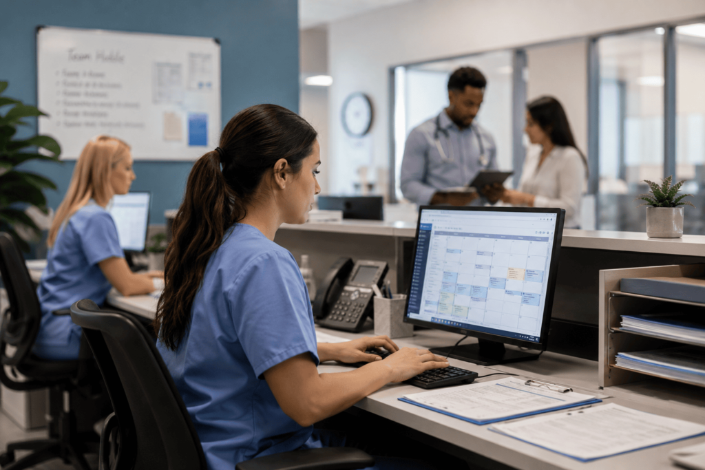 Healthcare administrative staff managing patient scheduling and medical office operations