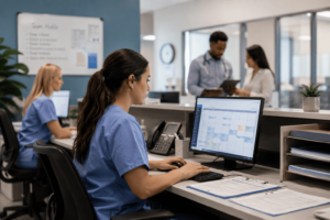 Healthcare administrative staff managing patient scheduling and medical office operations